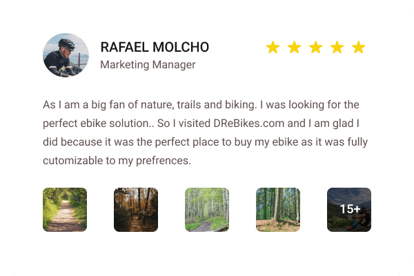 Review card showing five stars, with 4 thumbnail images of trails. The person is giving a review about visiting drebikes.com to find their ebike purchase.