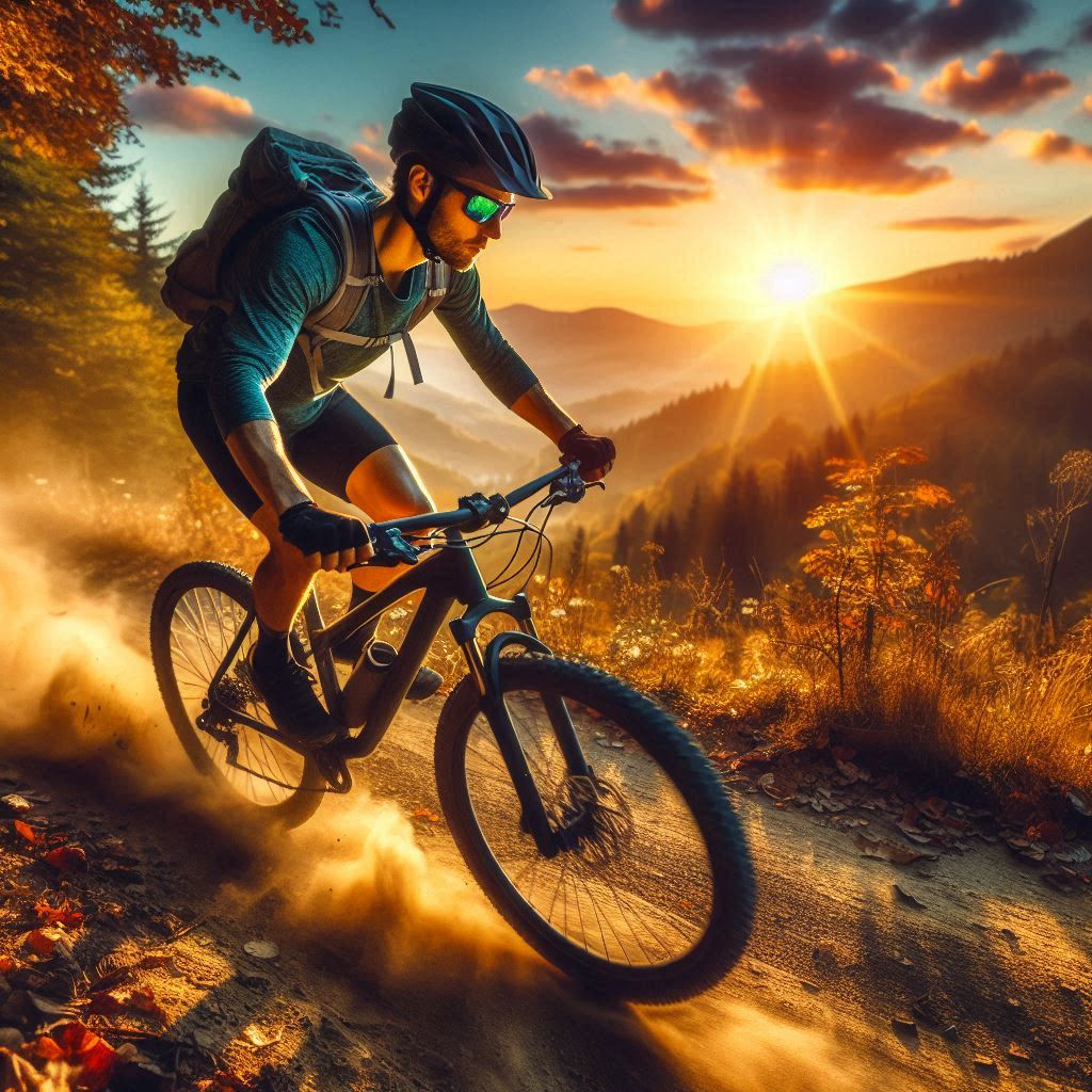 person riding ebike on a mountain trail in the sunset (action)