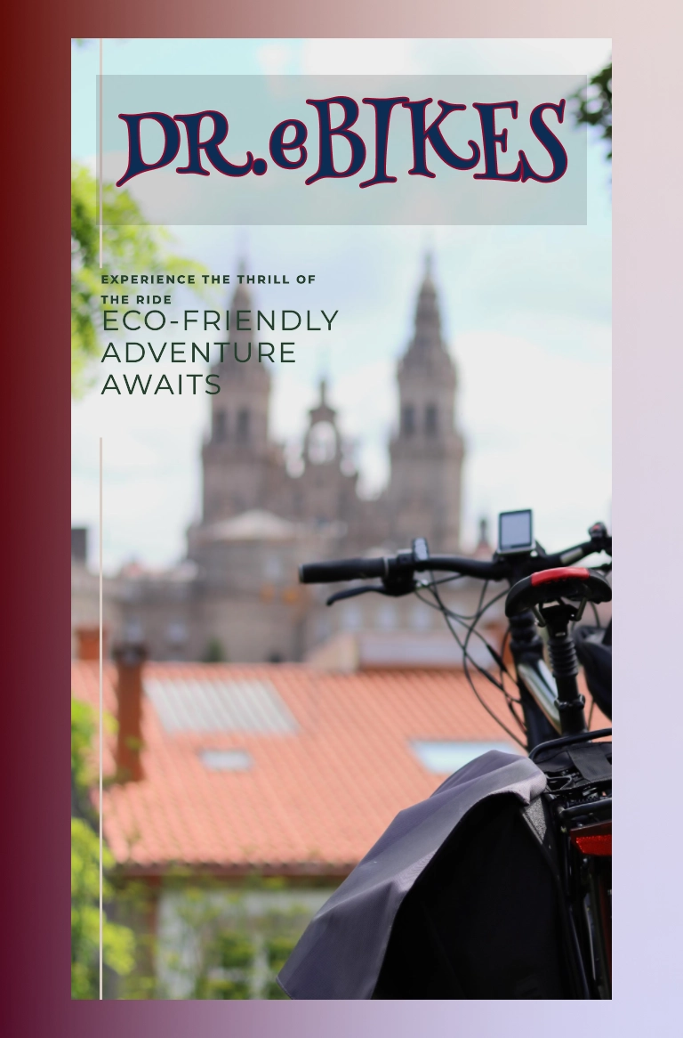 ebike with city buildings blurred in the background - text says (experience the thrill of the ride - Eco Friendly Adventure Awaits) with DReBikes Logo over-top the image