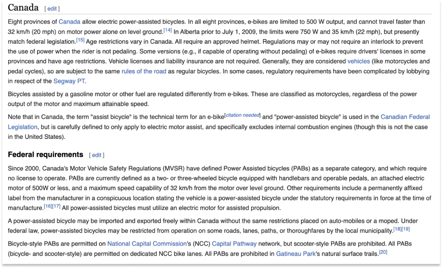 federal regulation and requirements from wikipedia regarding electric bicycles in Canada, screenshot September 13/2023