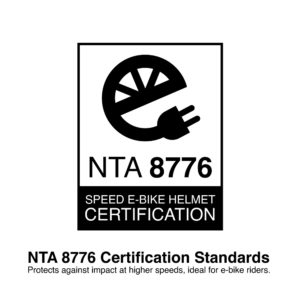 NTA 8776 Certification (image of the sticker) - SPEED EBIKE HELMET CERTIFICATION, sticker that shows the product has met certain guidelines. Rated for 28 mph.