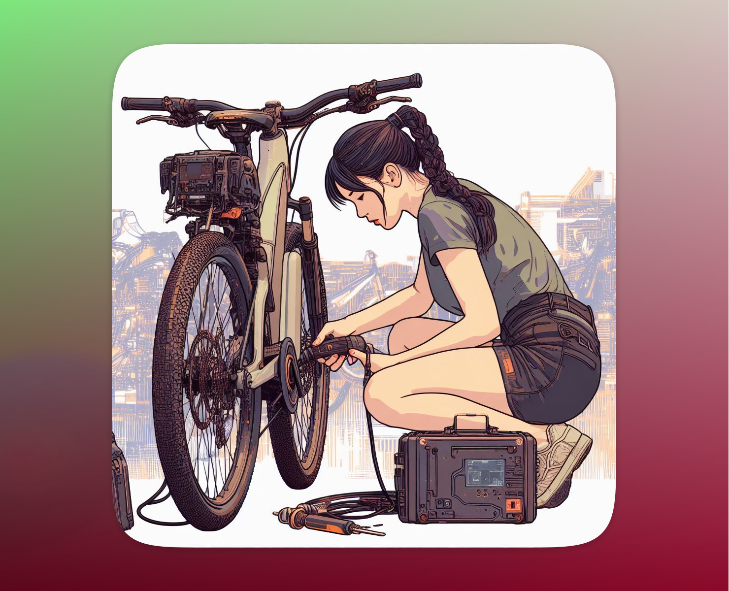 woman with a tool performing maintenance on an electric bike (digital art)