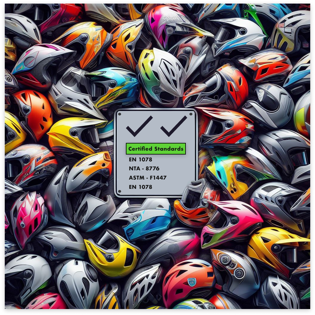 collage of bicycle helmets with a sign in the middle of them thats says "Certified Standards, and Safety certification codes such as EN 1078, NTA-8776, ASTM-F1447 to show examples of safety codes people might see on there ebike helmet