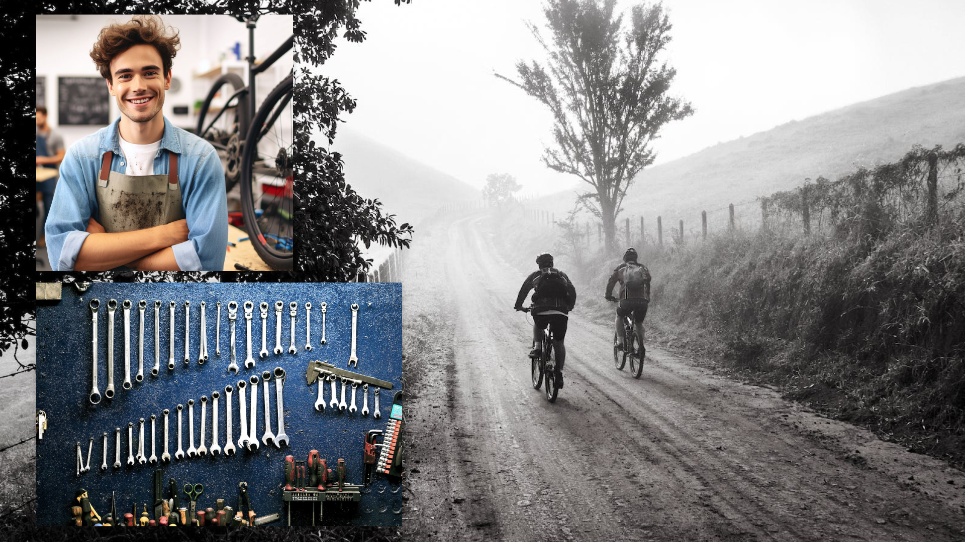 Collage 3 images - main image is greyscale of a scenic-trail with 2 people on ebikes, 2nd is a happy person in a bike shop wearing an apron doing maintenance, 3rd image is maintenance tools