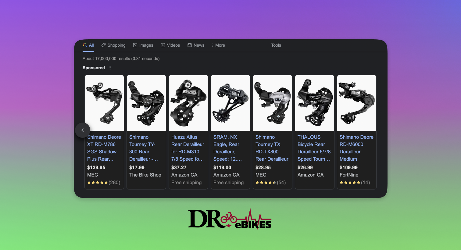 Derailleur ebike shopping ads screenshot on Google. Close-up of the gearing system with pricing