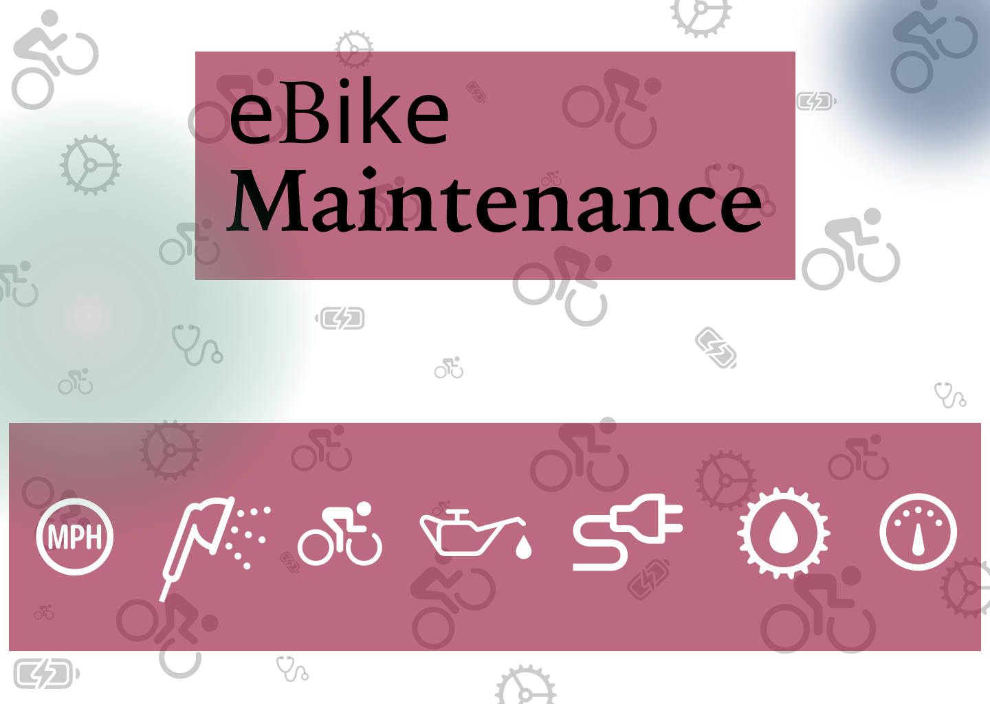 Ebike Maintenance - Featured image with text overlay and automotive icons.