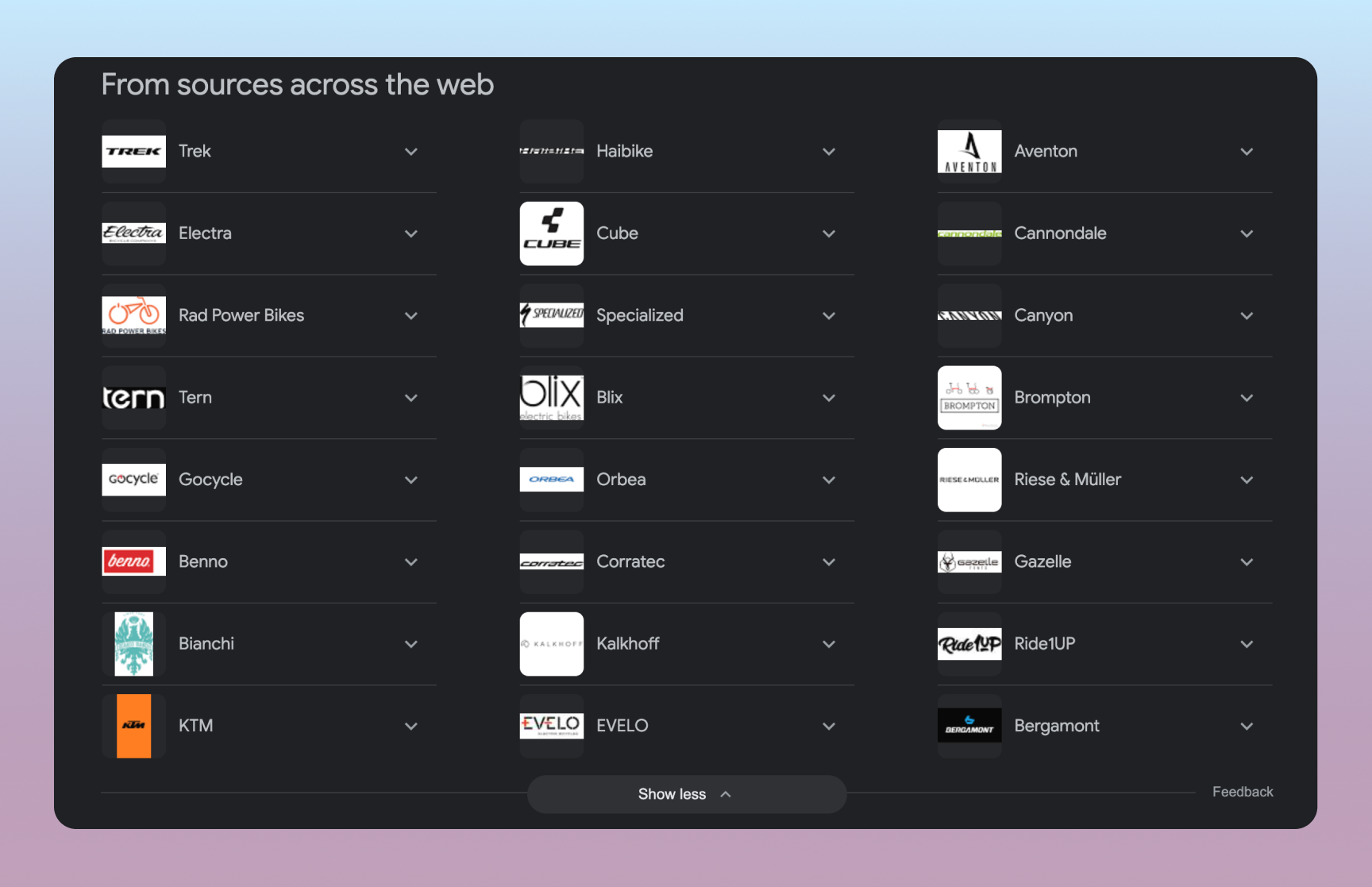 Ebike Brands (24), Google - From sources across the web. Screenshot
