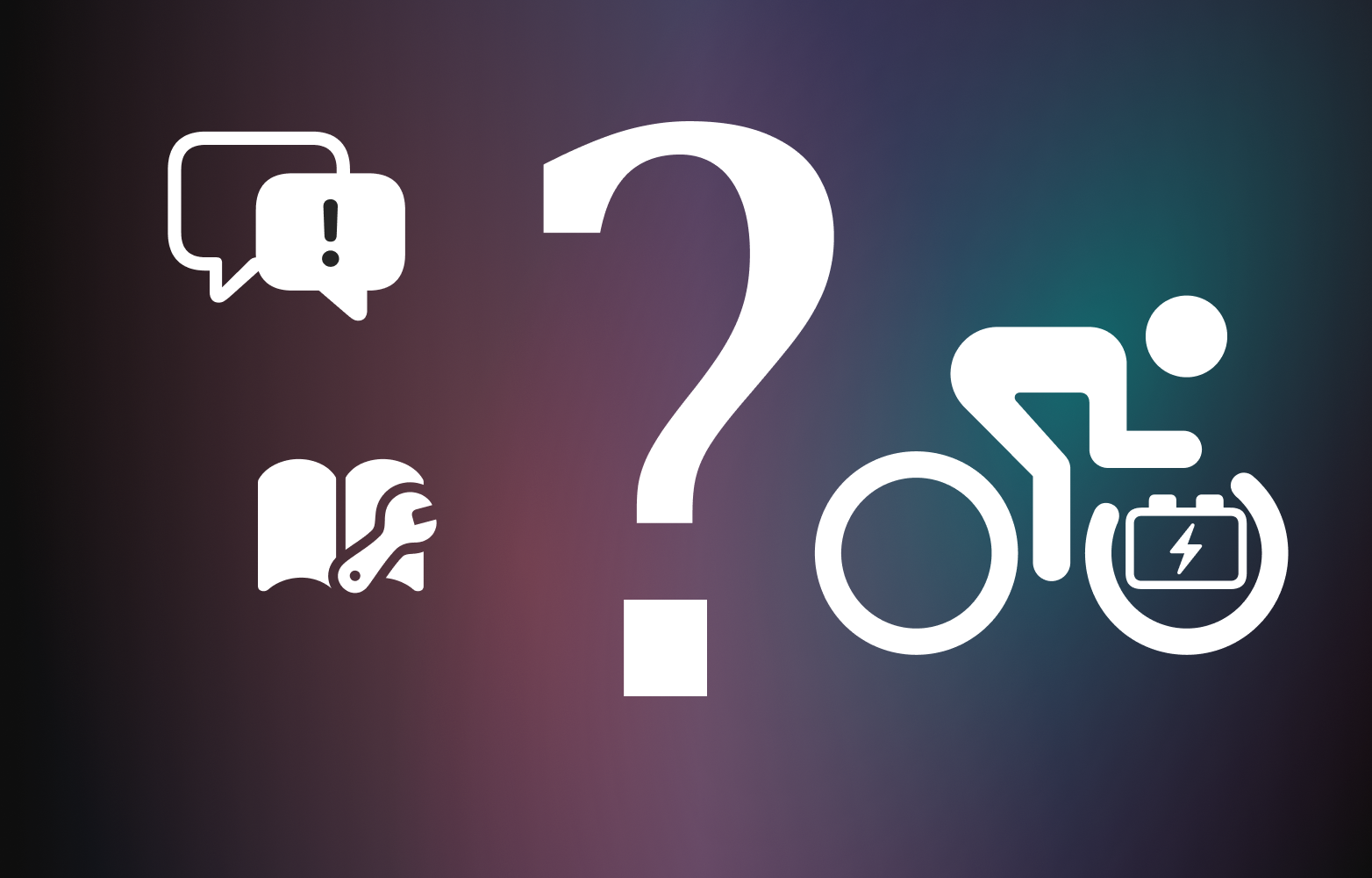 question mark, tools, ebike icons over a gradient background