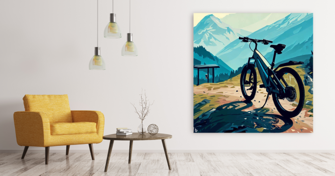 watercolor painting on a living room wall of an ebike at a trail head