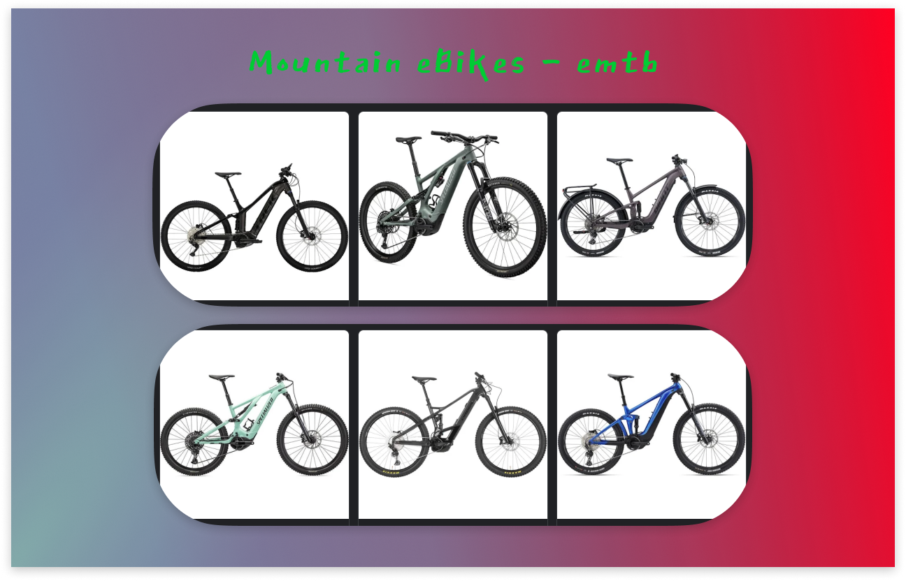 emtb, electric mountain bike. six (6) separate images of electric ebikes, showing full suspension and larger tires.