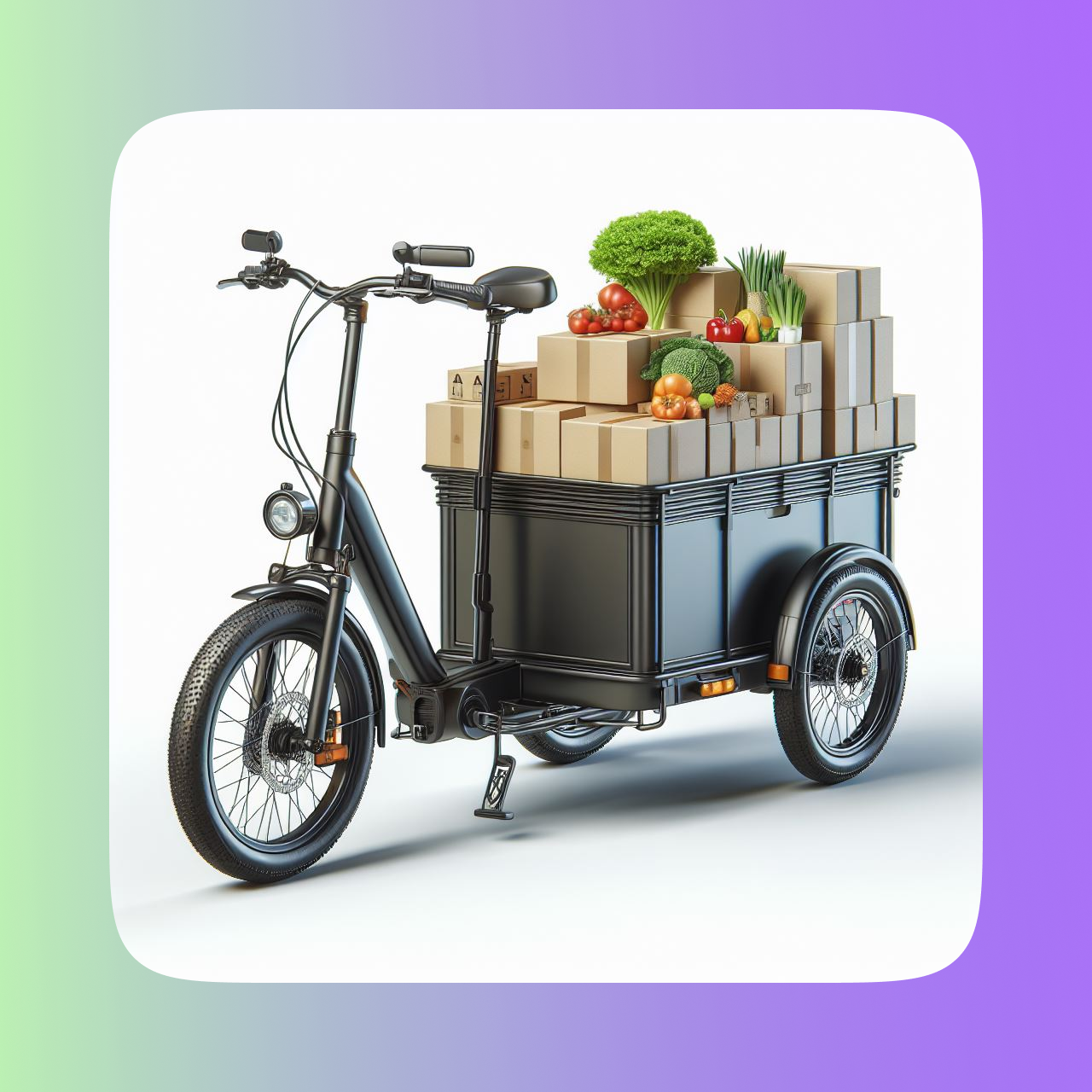 cargo ebike with boxs and veggies on the bed of the box at rear of ebike