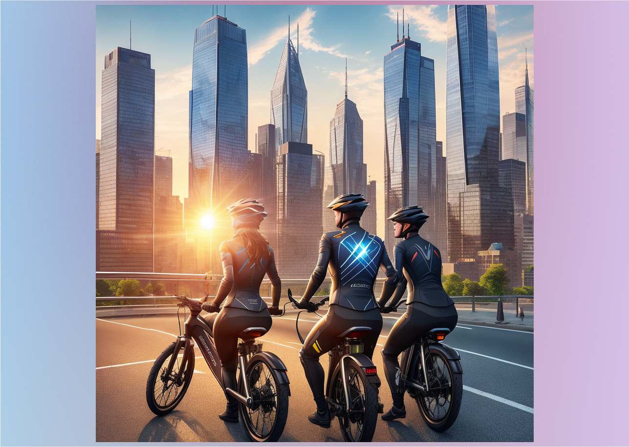 three people on ebikes in a cityscape skyline background futuristic