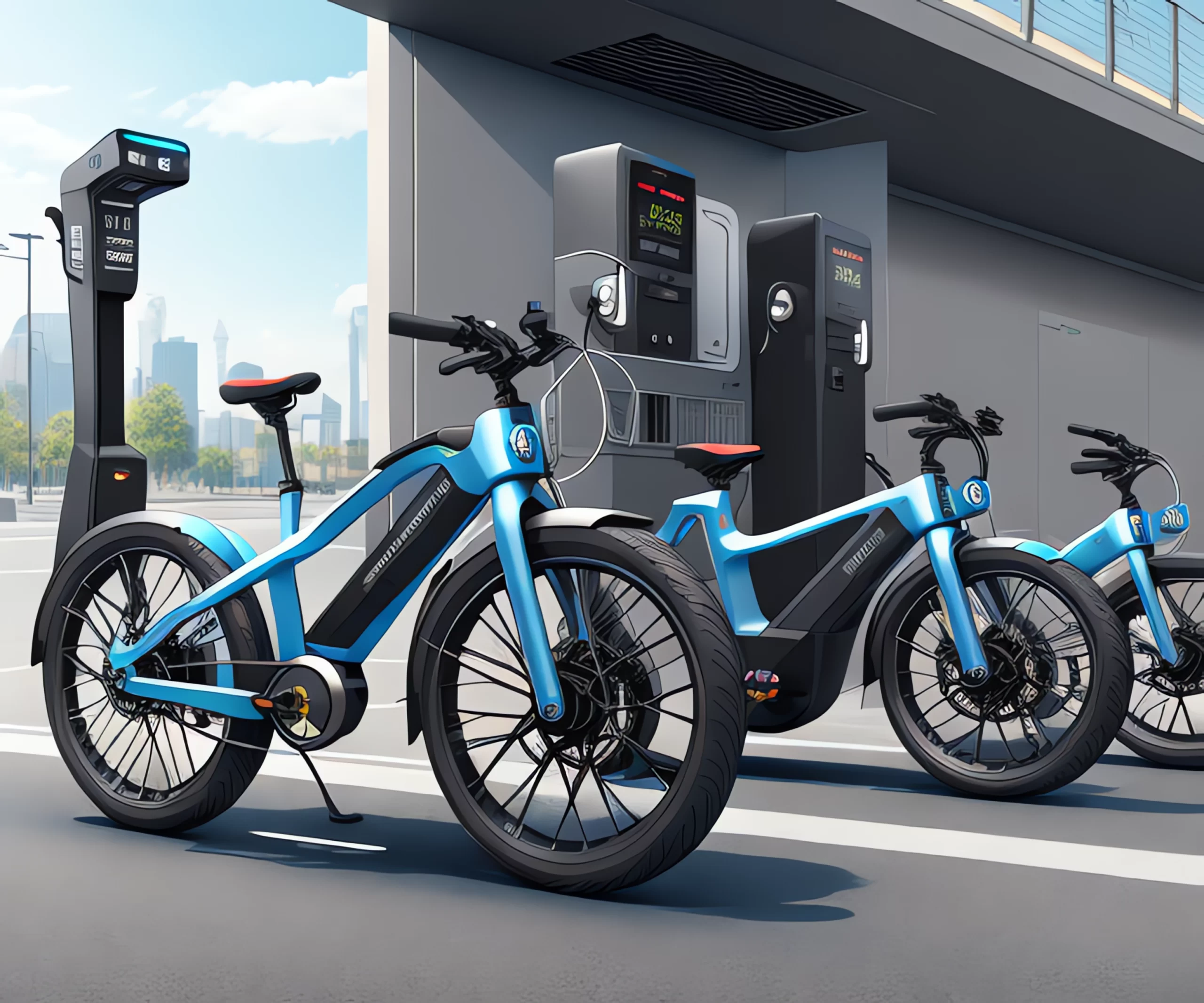 futuristic ebikes with charging station to illustrate urban planning