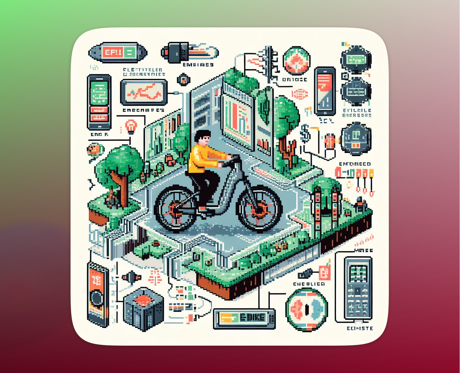 Person riding an electric bike in the middle of a town, collage of small instruments around the person on the bike "pixel art"