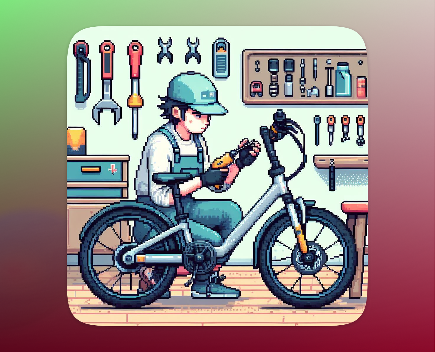 person with a tool in hand performing maintenance in a tool shop "pixel art"