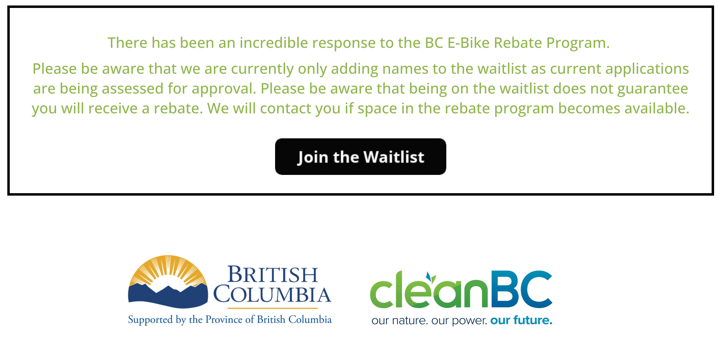 CleanBC/ebike rebate in support of the Province British Columbia image stating there is a waiting list as of Sept 10/2023