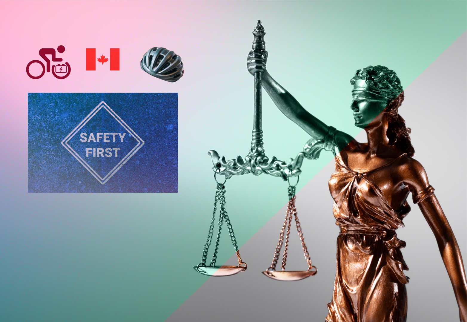 scale of justice, ebike, canada flag, biker helmet and 'safety first' thumbnail