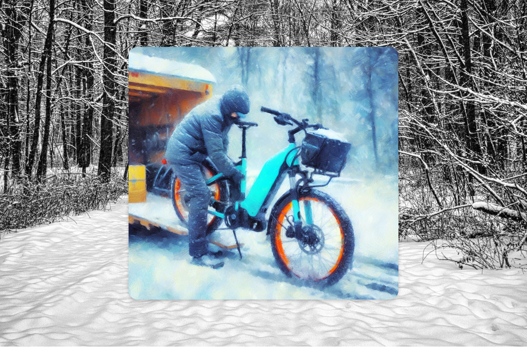 An Ebike is being put into storage for winter by a person. The image is over-top a background image of a winter snow covered trail